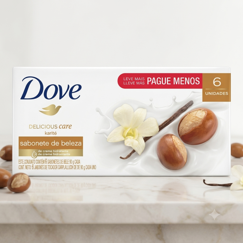 Jabón de Belleza Dove Delicious Care Karité & Vainilla – Pack de 6 Unidades
