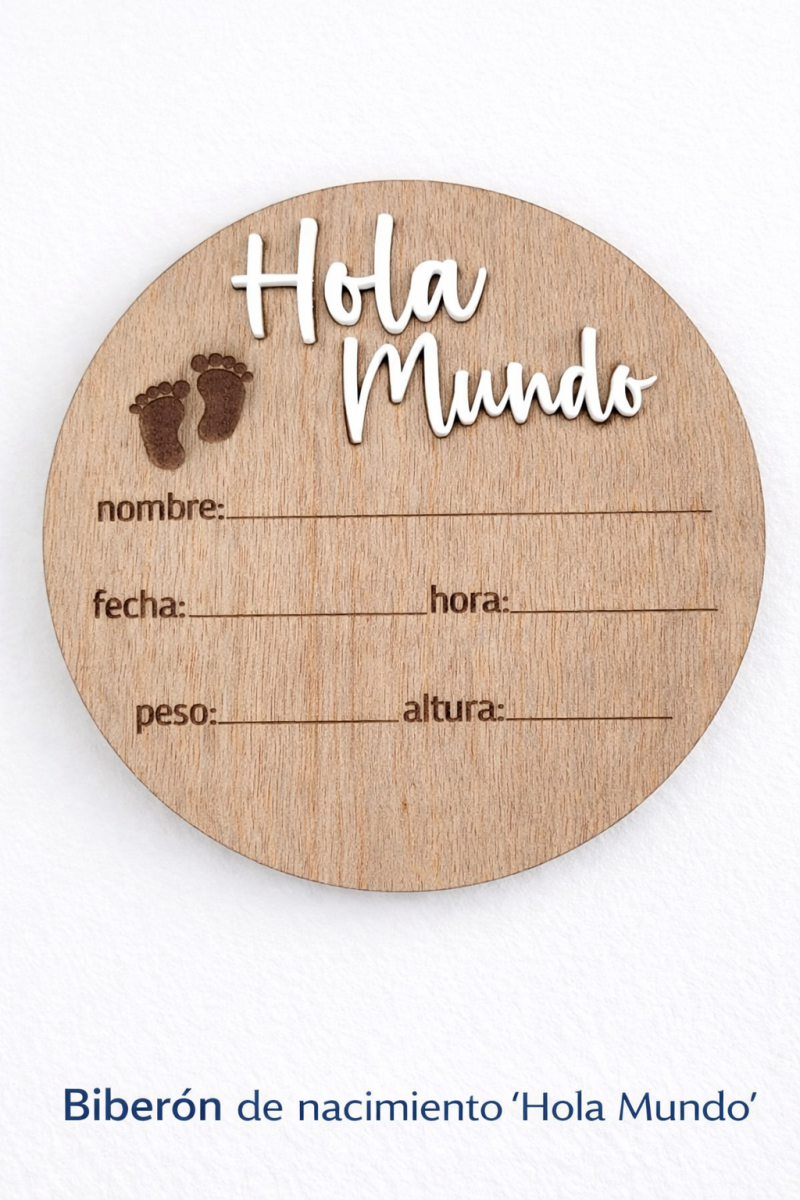 plaquita de nacimiento “Hola Mundo”,